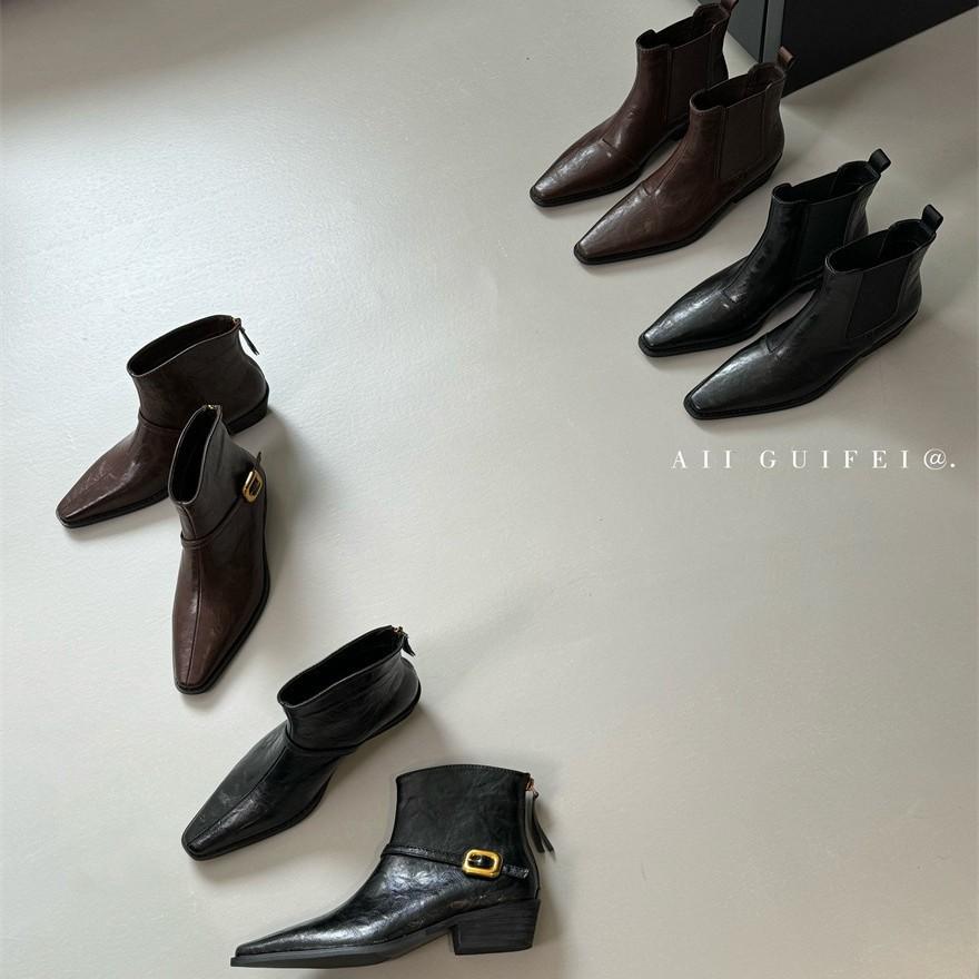 Thick Heel Square Head Short Boots Women's Boots Large Size 2025 Autumn and Winter New Retro Belt Buckle Versatile Rear Zipper Fashion Boots Women