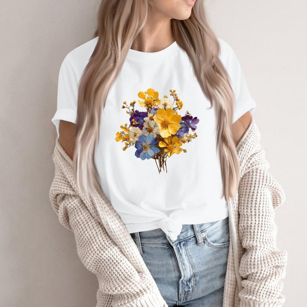 Women's Fashion Casual Printed Round Neck Short Sleeved Pullover T-Shirt Top