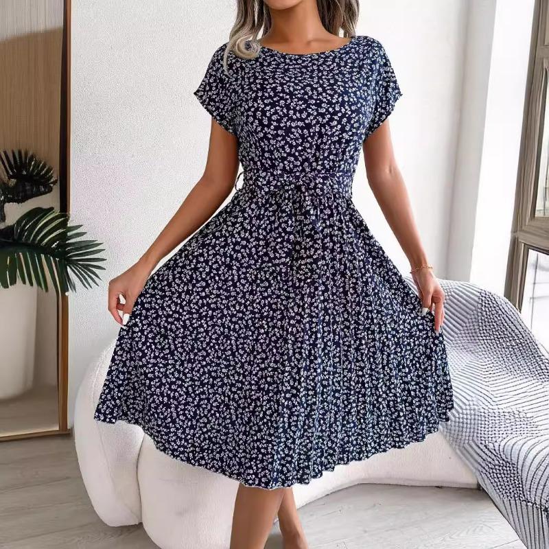 Summer new style printed casual lace-up short-sleeved floral big swing women's dress
