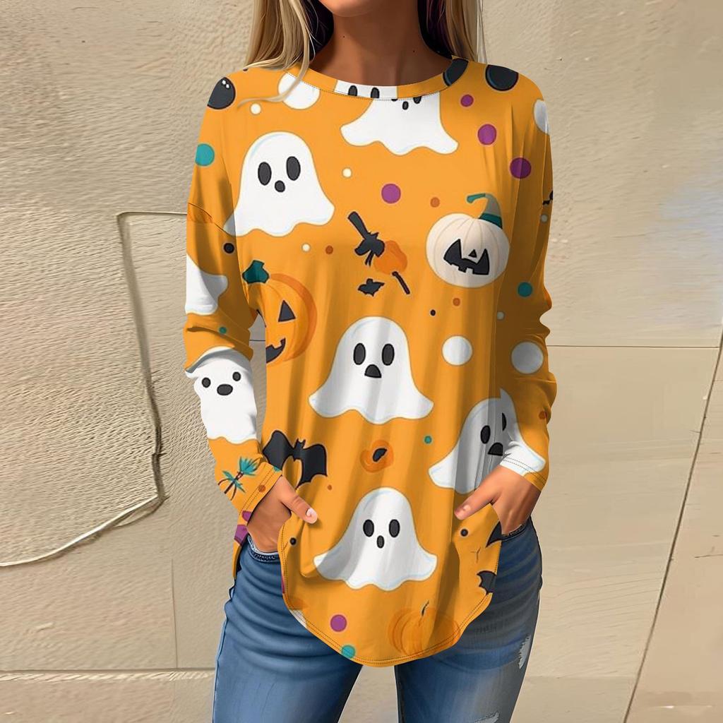 Women's Fashion Loose Round Neck Halloween Printed Long Sleeve T-Shirt Top Pullover