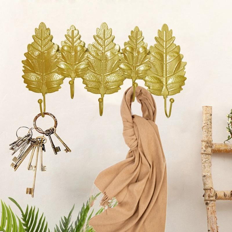 Elegant Gold Leaf Iron Wall Hook For Entryway Bedroom Storage Key Coat Hanger Practical Home Organization Tool