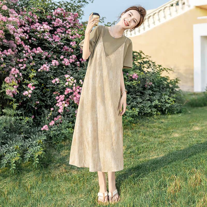 

Women s Patchwork Round Neck Short Sleeve A-Line Dress M