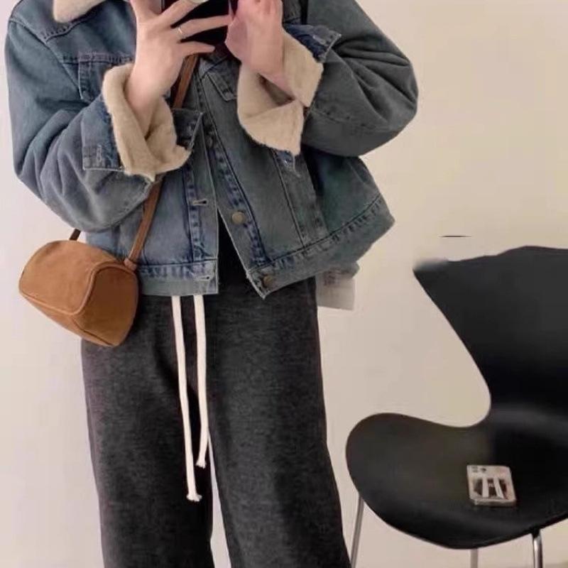 New Style Super Nice Little Fragrant Style Plus Velvet Thickening Retro Blue Denim Jacket for Women Autumn and Winter