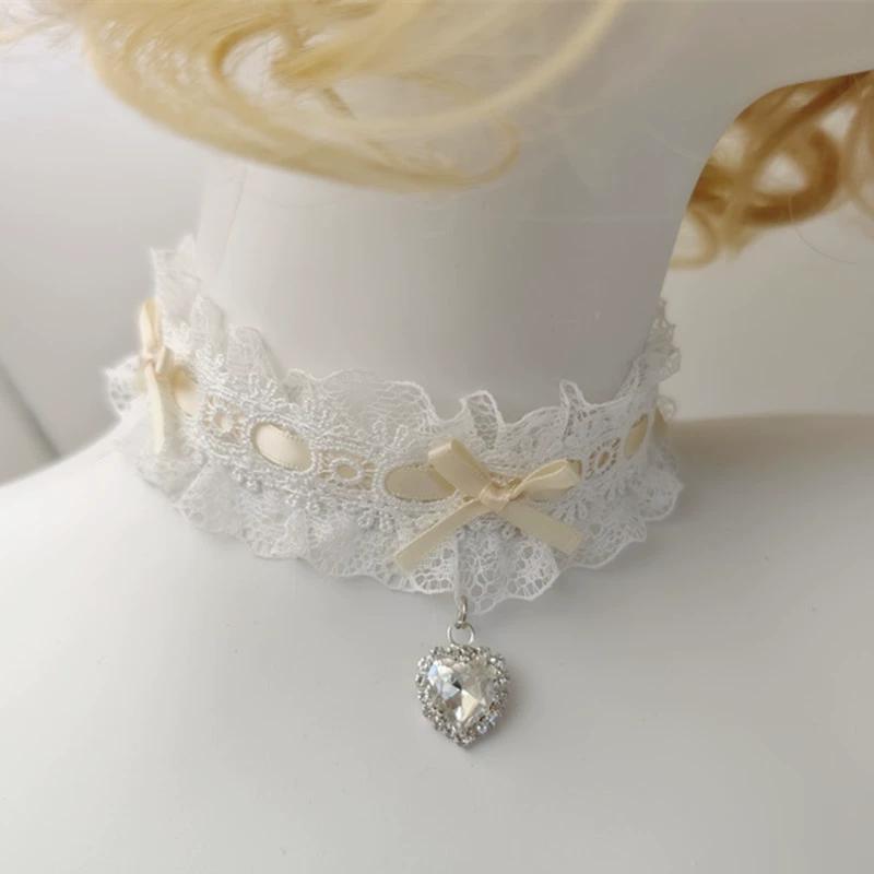 30cm Aesthetic Bow Lace Choker with Heart Gem Charm for Girls Necklace Collar Lcae Band Lolita Dancing Jewelry for Wedding Party