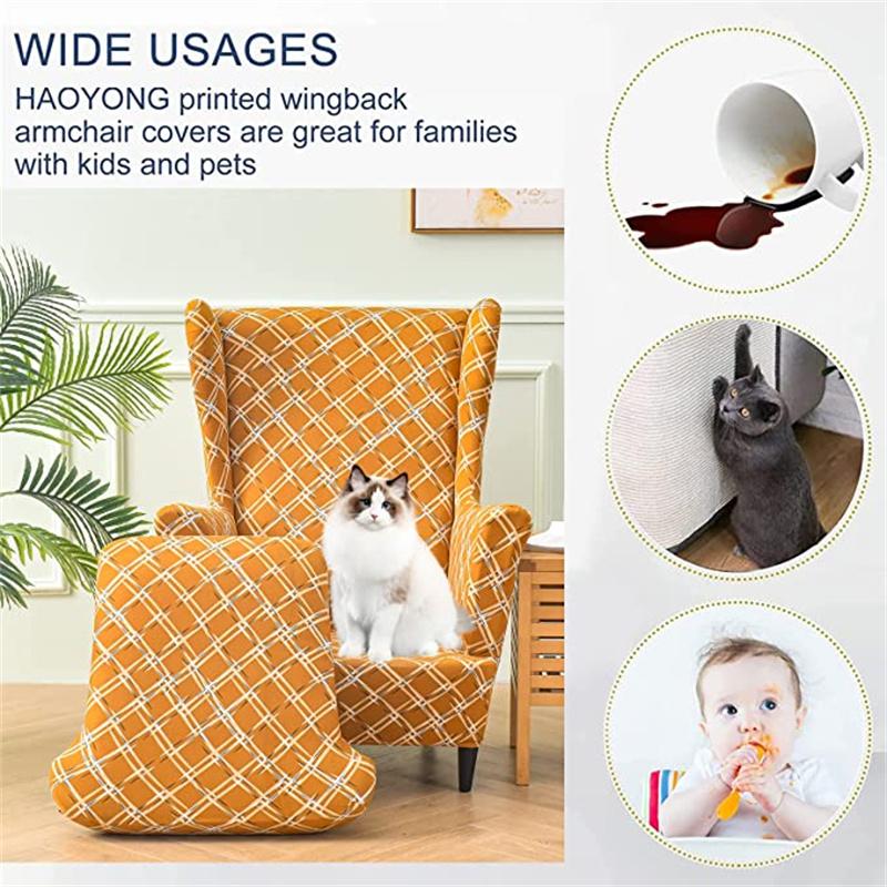 Spandex Stretch Wing Chair Cover Floral Printed High Back Armchair Covers Elastic Relax Sofa Slipcovers with Seat Cushion Cover
