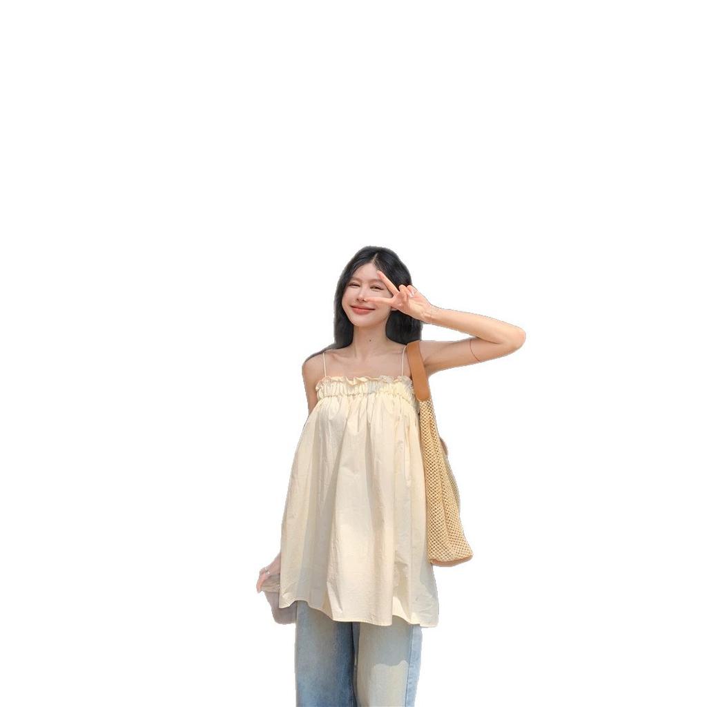 apricot one-word shoulder sling vest women's summer seaside vacation style design sense fungus edge loose medium and long top