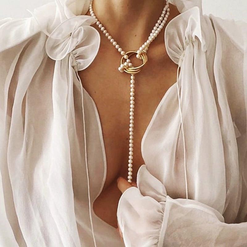 Necklace Women Sweater Chain Geometric Metal Pearl Necklace Women's Collarbone Chain, Sweater Chain