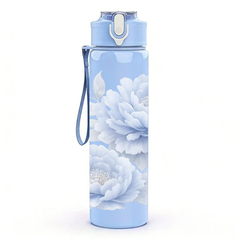 1PC White Rose Soft Floral Art Print 750ml Color Plastic Sports Water Bottle Leakproof Flip Straw Lid Suitable for Sports Office Home Use