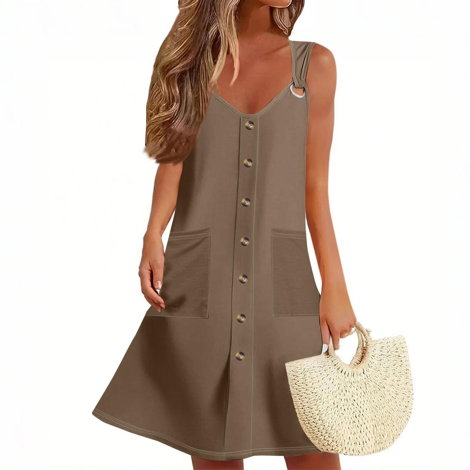 

Жіноче літнє плаття без рукавів Весняний однотонний сарафан з кишенями XXL коричневий
