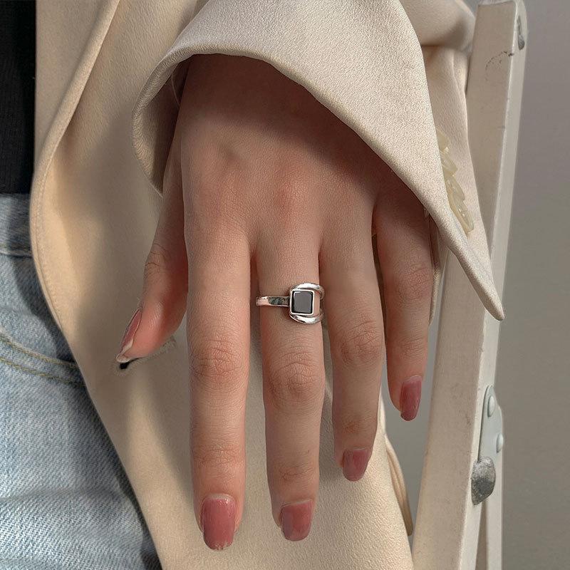 Double Open Square Zirconia Ring Female Niche Design Fashion Ins Tide Cold Wind Light Luxury Simple Jewelry Index Finger Ring Everyday Dainty Ring