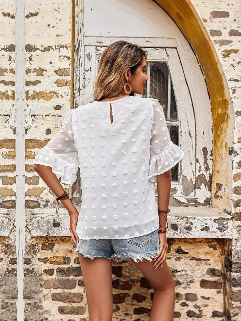 2025 Spring/Summer European & US White Ruffle Sleeve Round Neck Women's Loose Short Sleeve Fashion Top