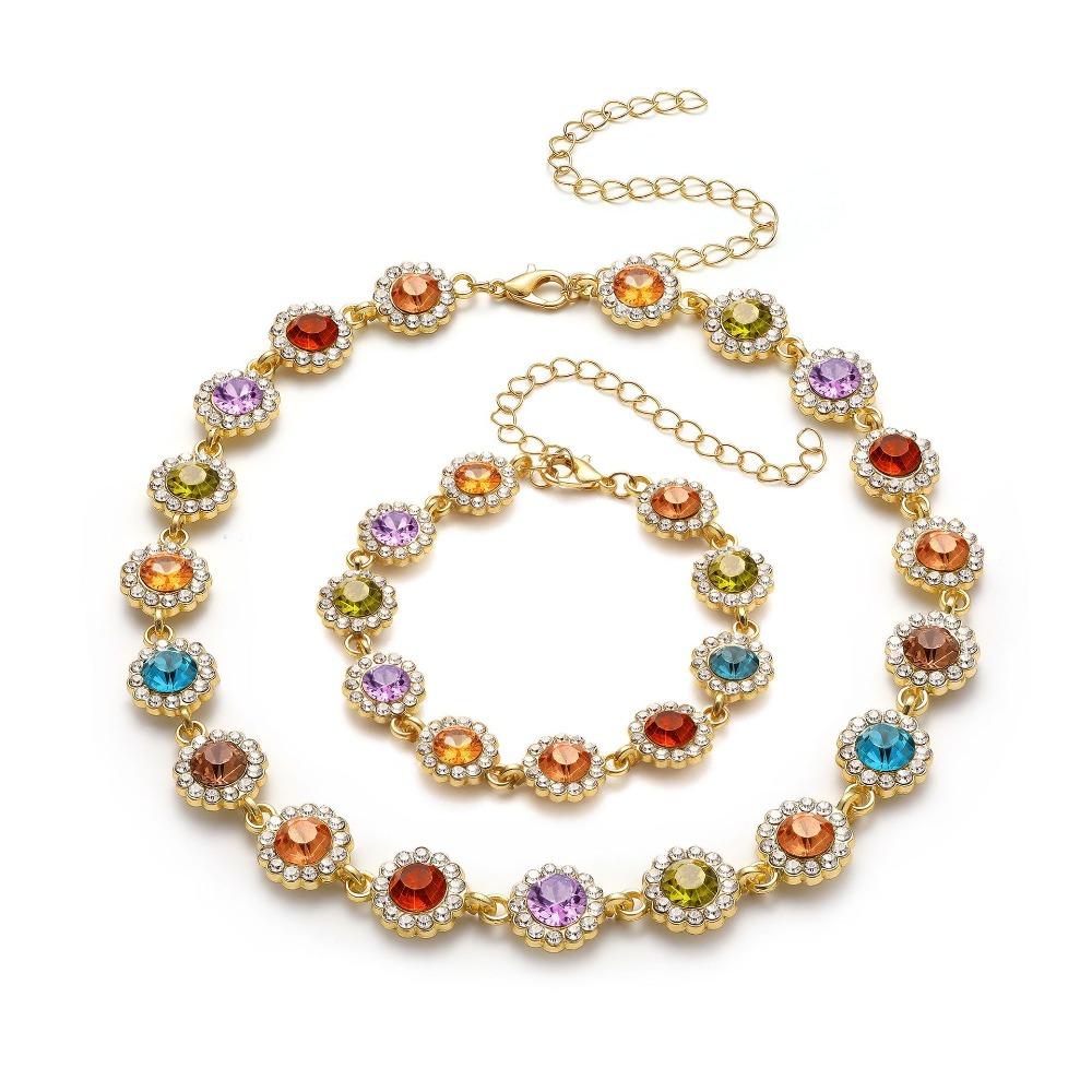 2pcs Set Luxury Temperament Colored Zircon Flower Bracelet Necklace Set for Women Trendy Personality Birthday Party Jewelry Sets