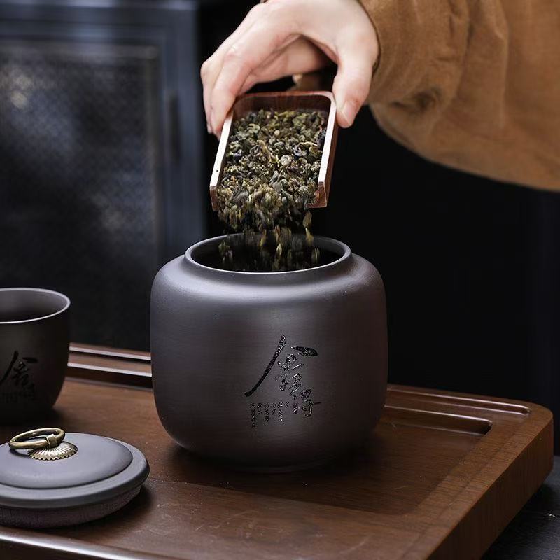 Creative Black purple clay tea can Ceramic Tea pot sealed candy jar ore purple Art tea can Moisture-proof Sealed Storage pot