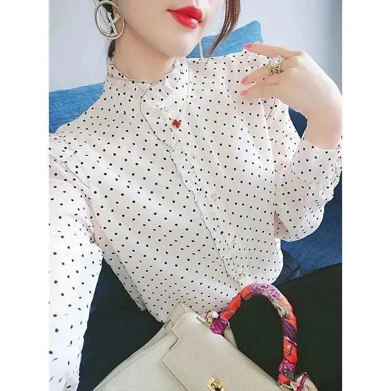Polka Dot Shirt Women's New Fashion French Long Sleeve Bottoming Blouse Spring Autumn Loose Stand Collar OL Top M-4XL