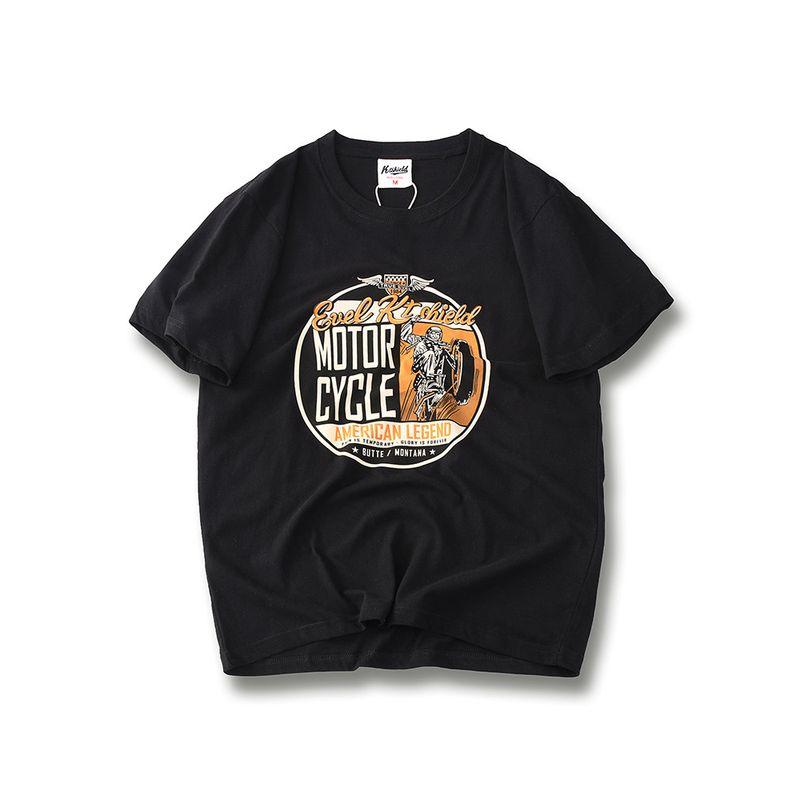 American Retro Motorcycle Print Pure Cotton Short-Sleeved T-shirt Men s Summer Trendy Base Shirt Export White Cotton T-shirt Black L