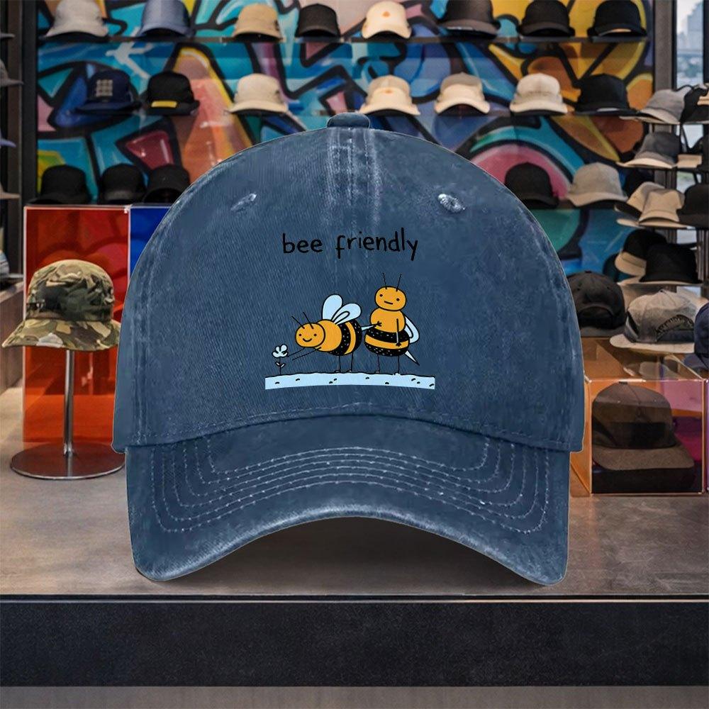 Bee Friendly Cartoon Baseball Cap Washed Cotton Adjustable Casual Vintage Sun Hat for Unisex Outdoor