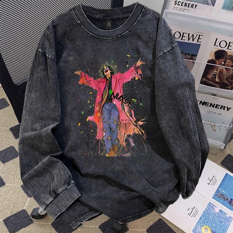 T-shirt a maniche lunghe da uomo American Retro lavata e invecchiata per la primavera, 100% cotone, vestibilità larga, taglia grande, pullover, top girocollo