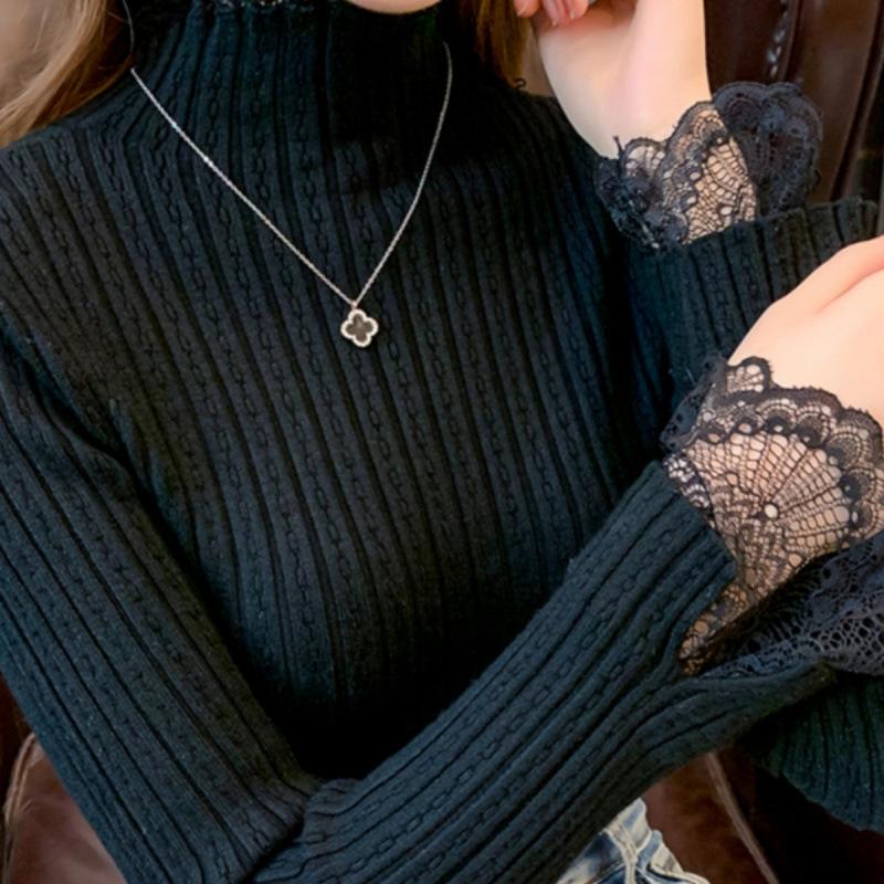 Ladies Autumn Winter Long Sleeve Stand Collar Slim Fit Basic Solid Color Pullover Knitted T Shirt Top for Layering