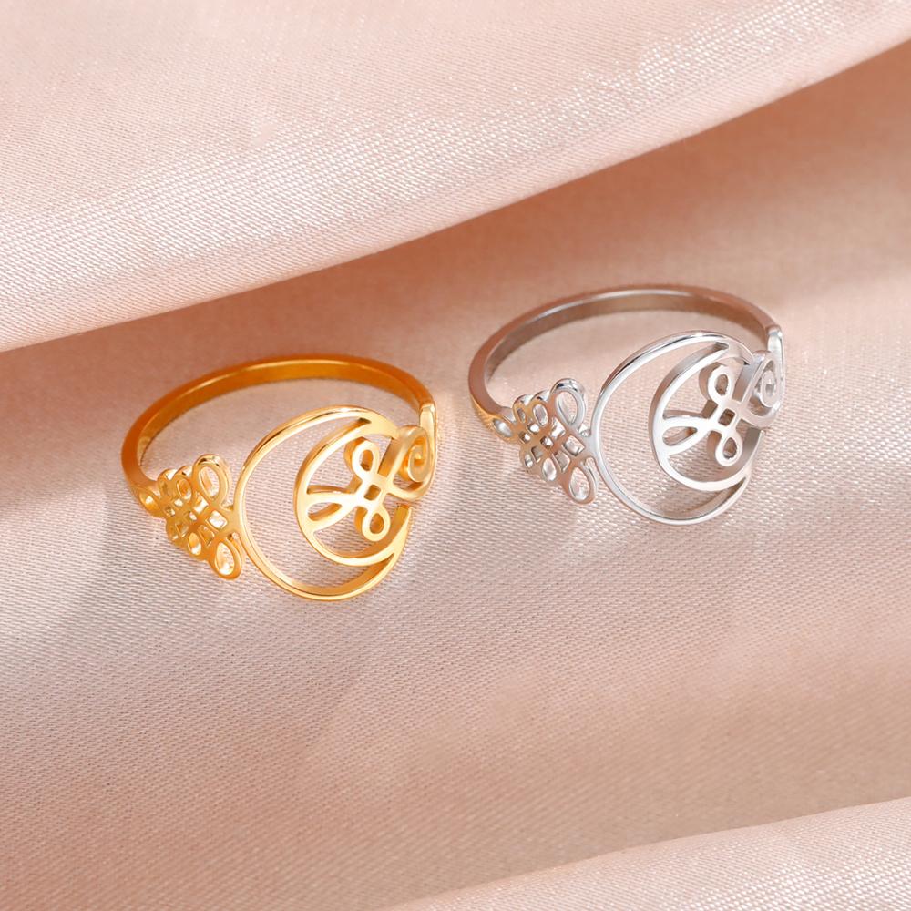 LIKGREAT Stainless Steel Hollow Moon Ring Silver Color Unalome Symbol Finger Rings Amulet Jewelry Gift for Women Men Accessories