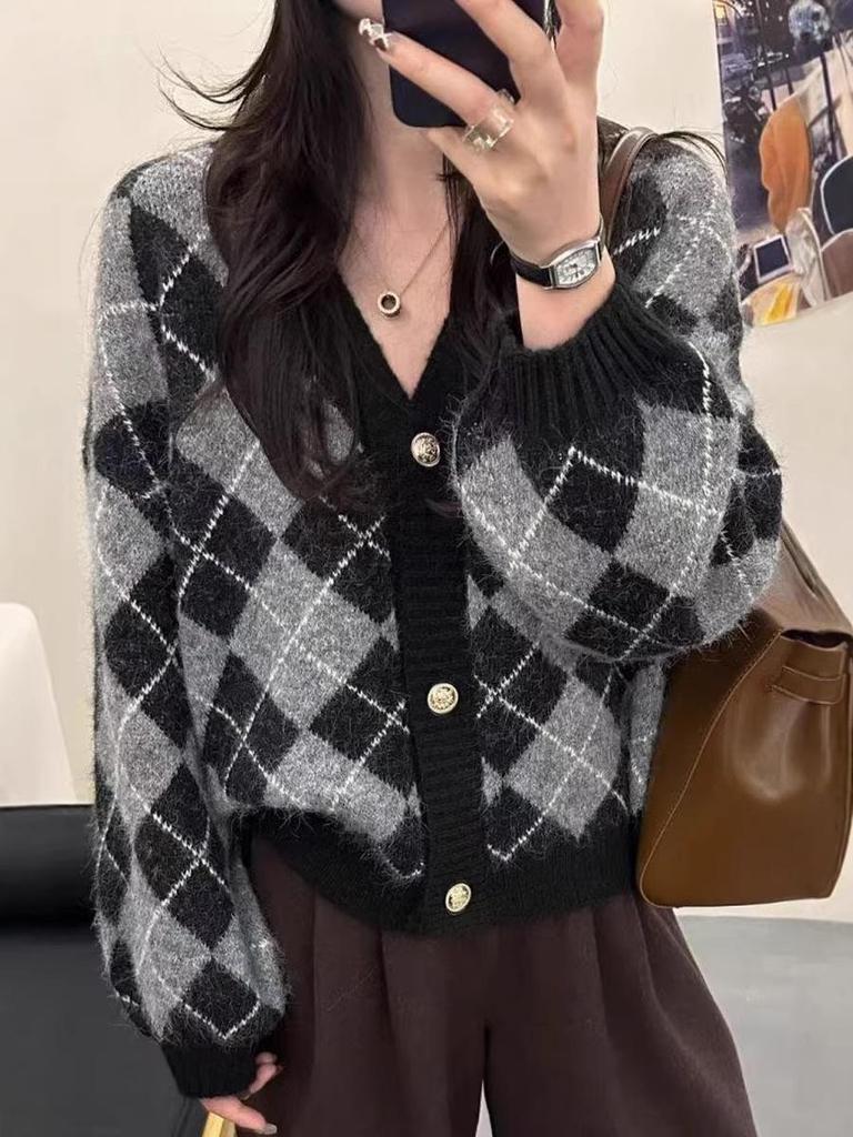 100% Alpaca Color Block Diamond Cardigan - Women's Autumn/Winter V-neck Long Sleeve Outerwear