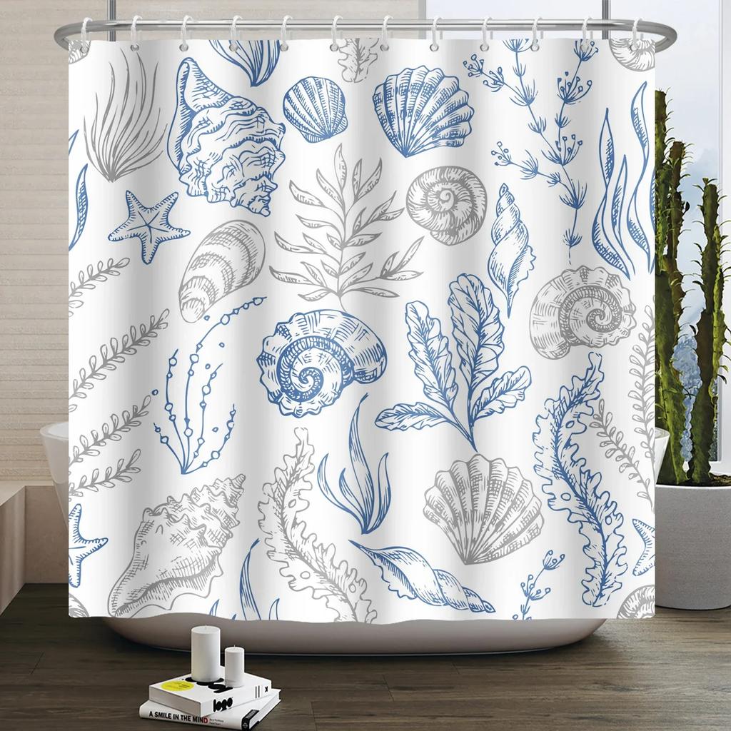 Nautical Coastal Shower Curtain Starfish Coral Seashell Beach Ocean Bathroom Curtain Underwater Marine Waterproof Bath Curtain