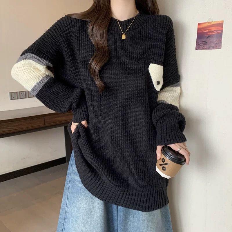 

Весна Осень Новый Ленивый Стиль Модный Дизайн в Цветовой Блок Повседневный Свитер Женский Средней Длины Вязаный Топ Трендовый S чёрный