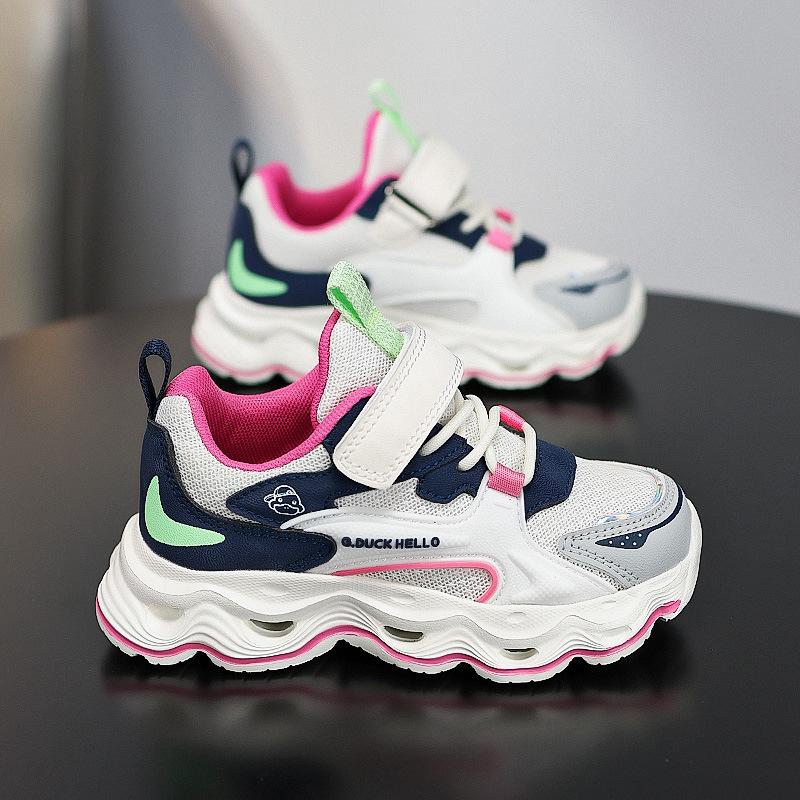 Little Yellow Duck Girls Spring Double Mesh Sneakers Velcro Lightweight Breathable Children's Daddy Shoes Elementary School Running Shoes