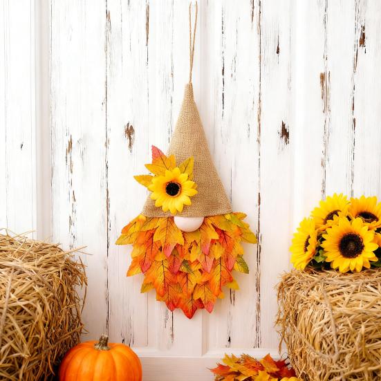 Thanksgiving Maple Leaf Gnome Wreath with String Light Indoor Outdoor Front Door Wall Hanging Artificial Garland Autumn Harvest Festival Decoration