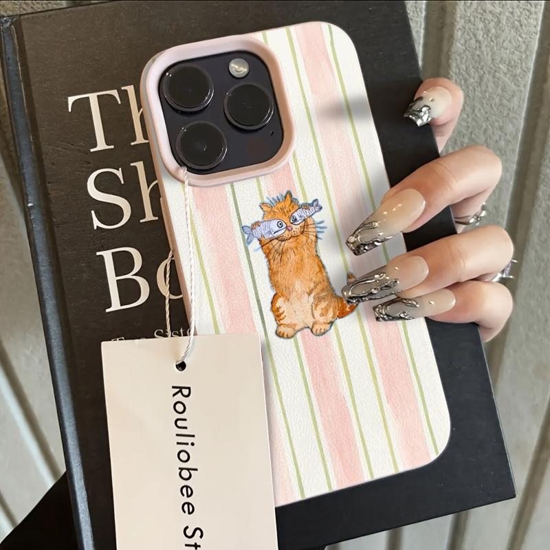 

Pink Stripe Orange Cat Fish Glasses Pattern Design Protective Cover for iPhone 17 16 15 14 13 12 11 16E Series Pro Max Plus iphone 14 Plus