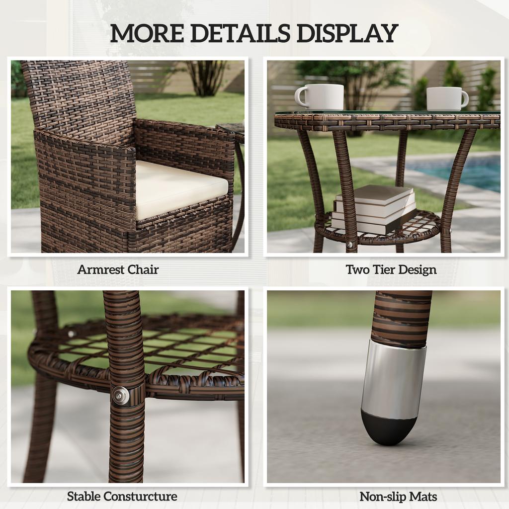 2 Seat Twin Rattan Bistro Chair and Table Set Brown