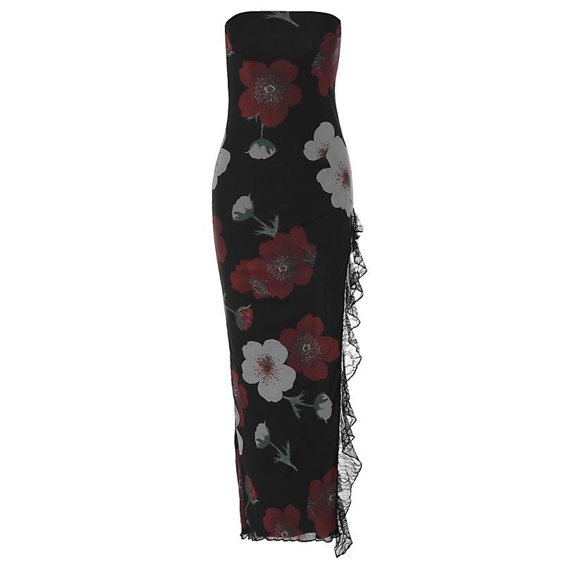 Amerikanische Damenbekleidung Xia Xin Bedrucktes Netz-Einsatz One-Shoulder-Kleid Enganliegend Ärmellos Mit Schlitz