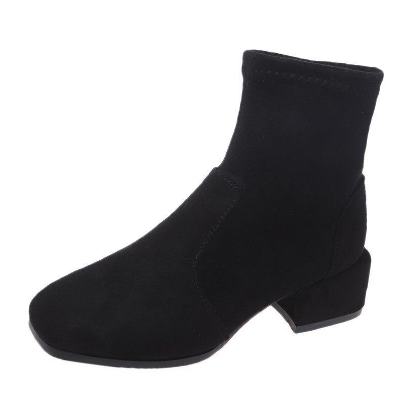 Jesień nowe damskie botki niski cholewka kwadratowy nosek Chelsea zamszowe średni obcas ocieplane botki zakrywające stopę aksamitne krótkie botki