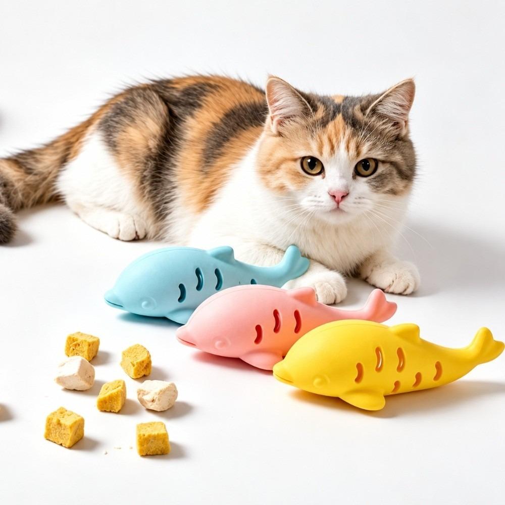 Bite Resistant Cat Toy Silicone Material Treat Dispenser Self Play Fish Cat Toy Pet Training