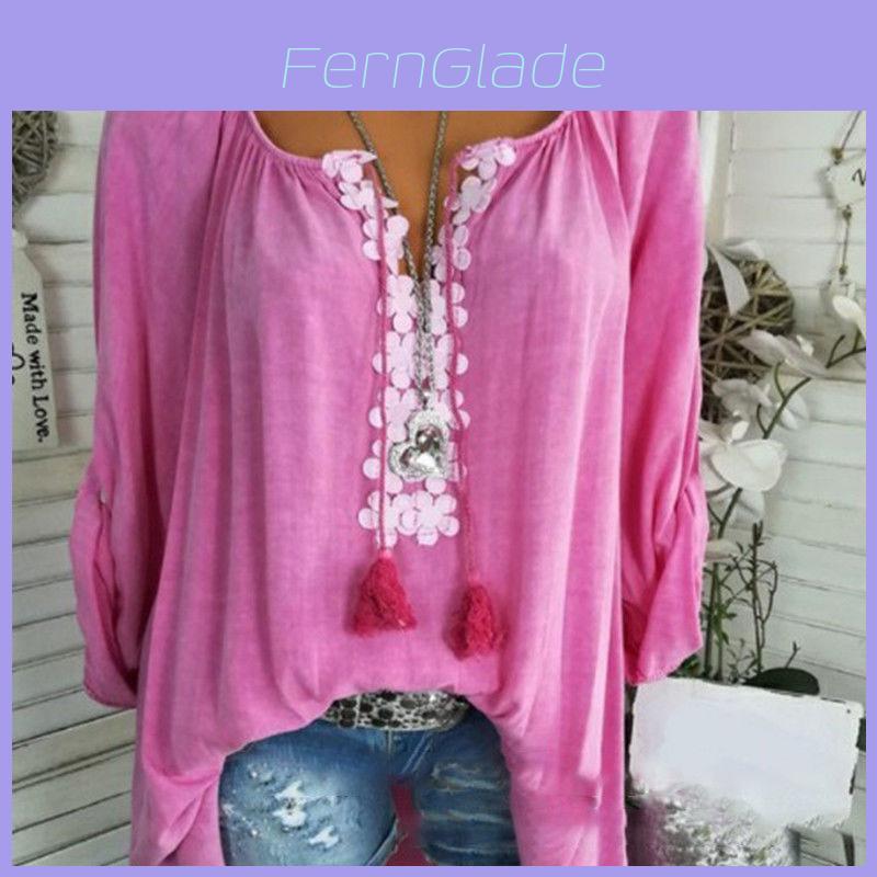 Elegant Plus Size Women Boho Long Sleeve Blouse Baggy Tops With V Neck Design