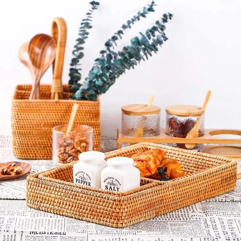 Dessert Tray Plant Basket Handmade Rattan Basket Rattan Storage Box Snack Bread Fruit Food Breakfast Table Display Tray