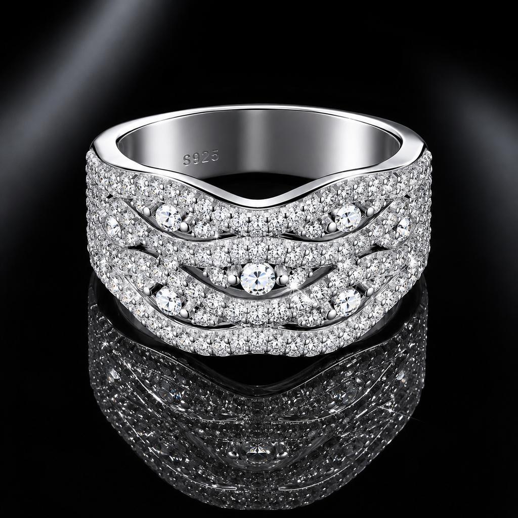 Luxury Wavy Wide Band S925 Silver VVS Round Brilliant Cut Multi-Layer Mixed Prong Pave GRA Certified Minimal Moissanite Ring