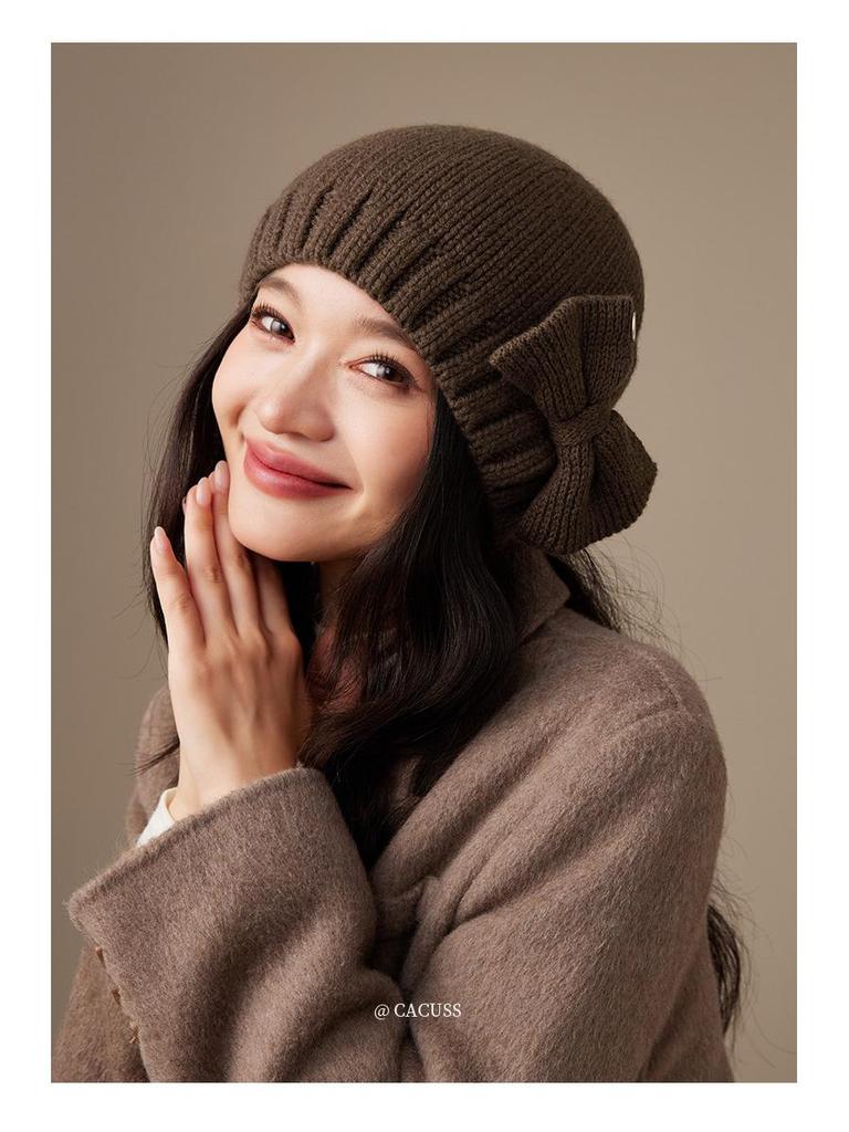 Women's Pure Wool Knitted Hat with Bow - Warm, Fashionable, Ear-Protecting, and Face-Slimming for Autumn and Winter