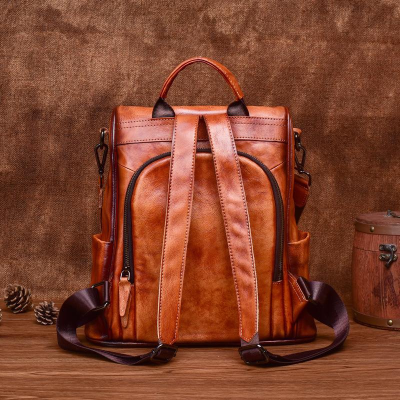 Vintage Backpack Genuine Leather Large Capacity Women Bag Solid Color Natural Cowhide Leisure Travel Bags