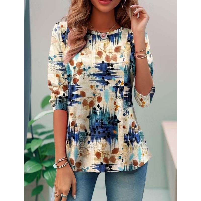 Fashionable Women's T-shirt with 3D Printed Flower Pattern, Casual and Fashionable Round Neck Long Sleeved Shirts