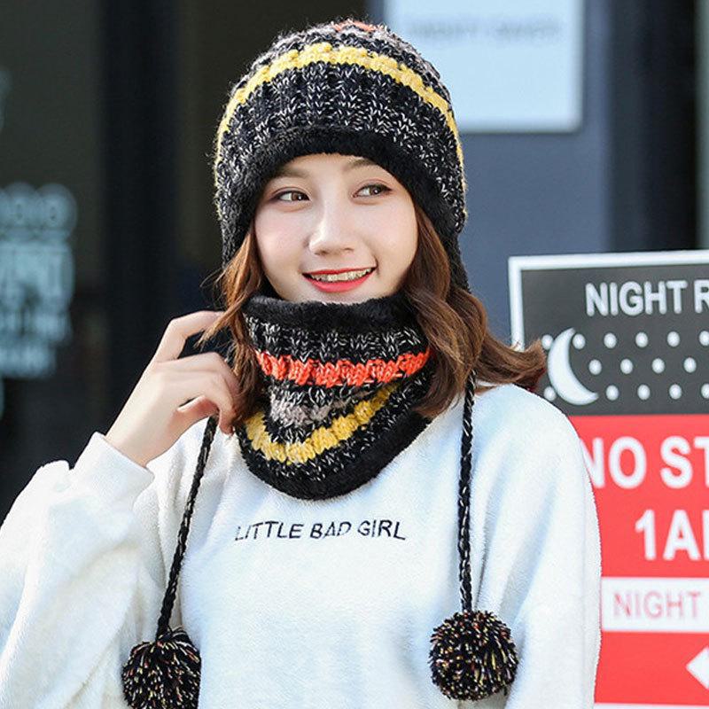 Korean Style Women's Knit Earmuff Hat and Scarf Set - Plush, Thick, and Trendy for Outdoor Warmth.
