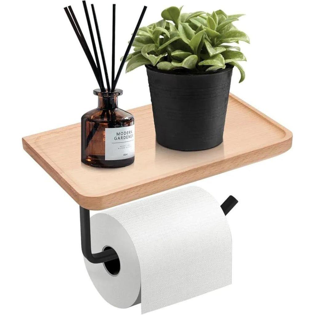 Heavy Duty and Premium Toilet Paper Holder with Shelf Black,Wooden Wall Mount Tissue Paper Roll Holder with Screw - Bathroom Accessories