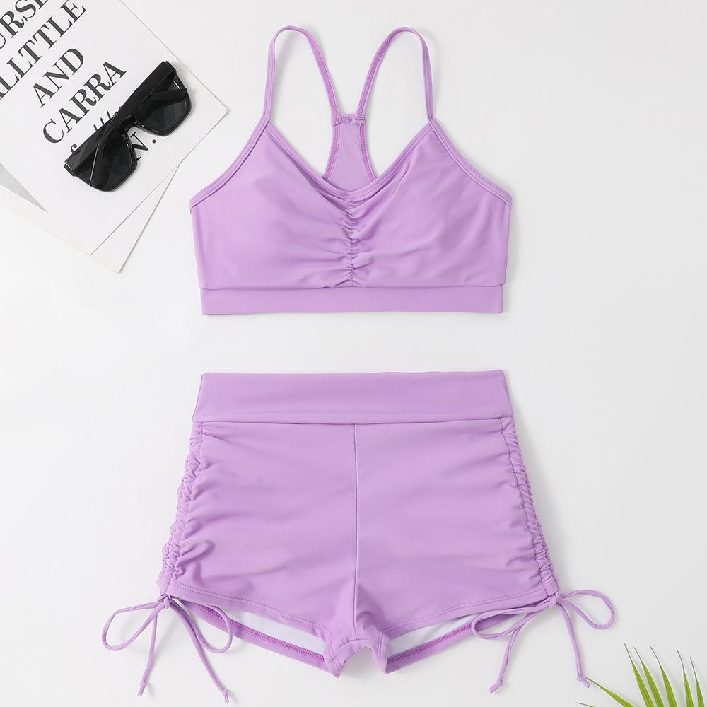 2025 European Solid Color High-Waisted Push-Up Bikini - Slimming, Tummy Covering, and Conservative Women s Swimsuit Large фиолетовый