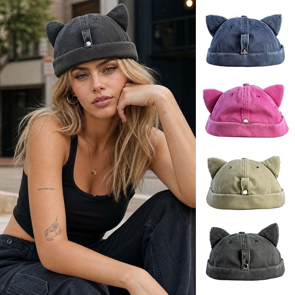 Water Washed Cat Ears Brimless Hat Sun Protection Sun Hats New Beanie Cap