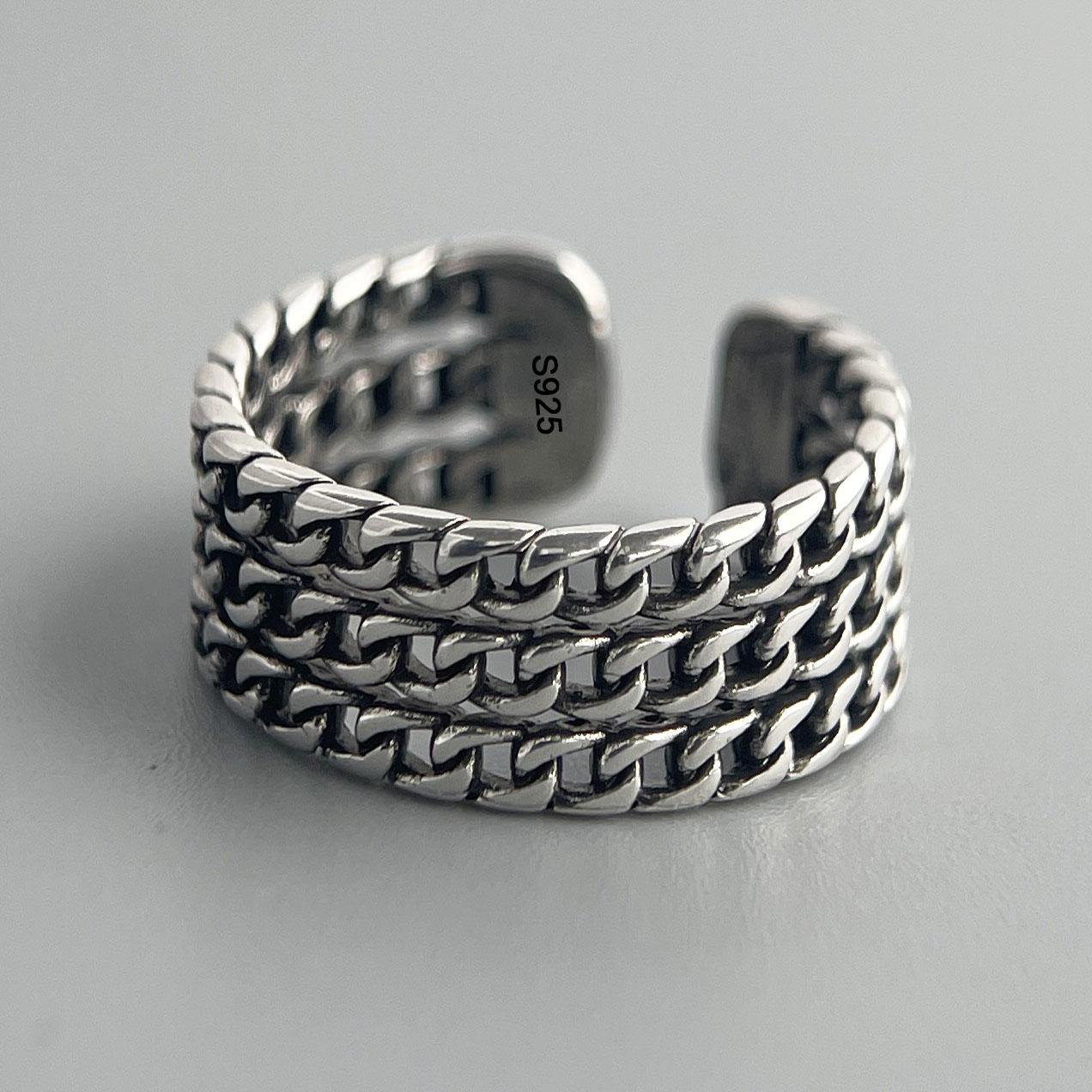 

925 Sterling Silver Rings for Women Couple Minimalist Handmade Simple Wide Retro Chain Ring Fine Jewelry Gift Prevent Allergy resizable