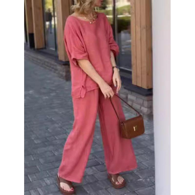 

European and American Summer New Cotton and Linen Set Fashion Solid Loose Casual Two-piece Set Top and Pants Set Peach 5XL
