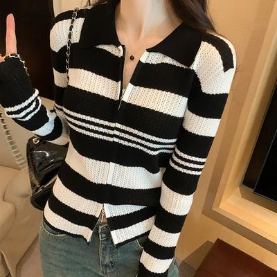 Designed Polo Collar Double Zipper Striped Long-sleeved Sweater Women's Autumn and Winter New Trendy Niche Temperament Top