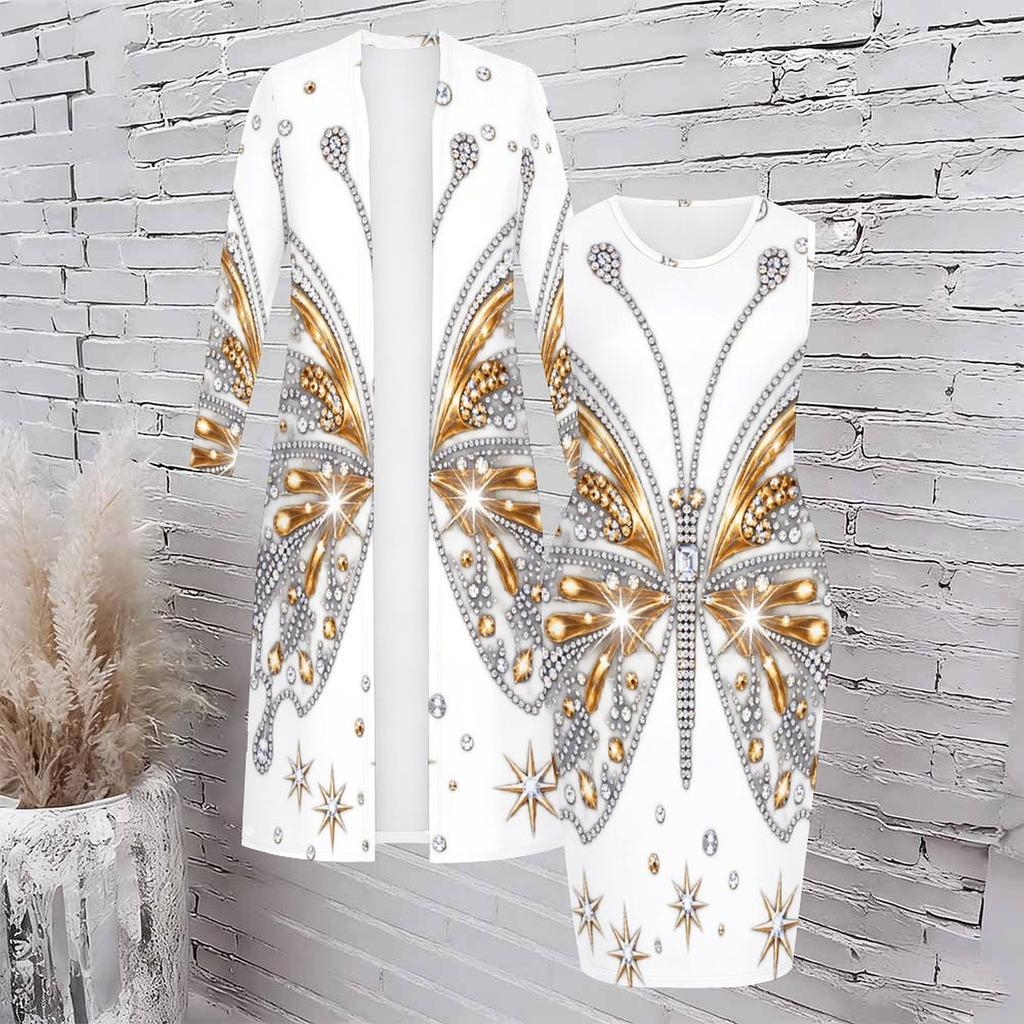 Women Plus Size Black Printed Two Piece Set Long Sleeve Open Front Cardigan Sleeveless Bodycon Dress