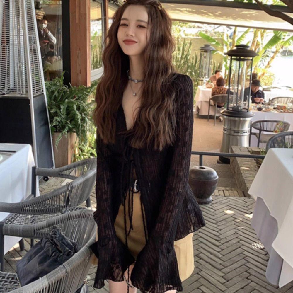 

Прозорий мереживо до в язання гачком кардиган Топ з лацканами комір сонцезахисний шаль блузка топи літо M абрикосовий