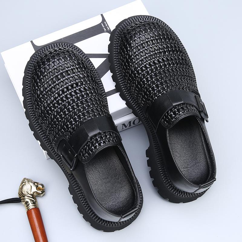Big head Derby shoes men's high-end sense commuting thick sole hand-woven one pedal hollow breathable casual heightening tide shoes
