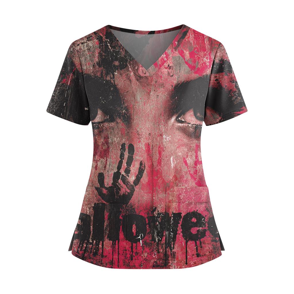 Halloween Print V Neck Short Sleeve Nurse Scrub Top with Double Pockets and Side Slit Hem for Healthcare Workers and Caregivers